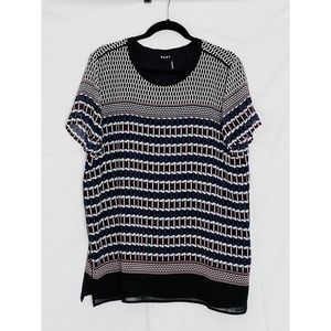 DKNY Printed Striped Black Blue Short Sleeve Crew Neck Lined Tunic Blouse XL